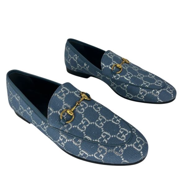 Gucci Horsebit Jordaan Lame Fabric Loafers Blue Silver Size 37.5 - Picture 2 of 13